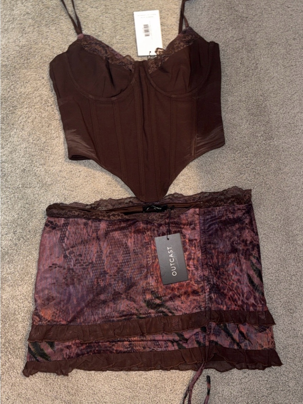 Outcast Brown Lace-Trim Corset Top & Printed Mini Skirt Set- NWT